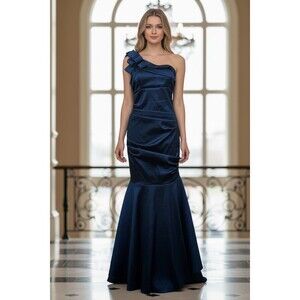 Cache Navy Blue One Shoulder Mermaid Formal Gown Sz 10 Satin Evening Prom Dress